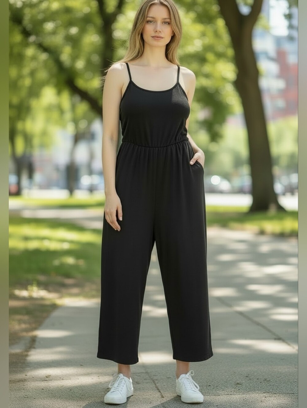 Old Navy Jersey Knit Black Wide-Leg Spaghetti Strap Jumpsuit Cropped Wide Leg